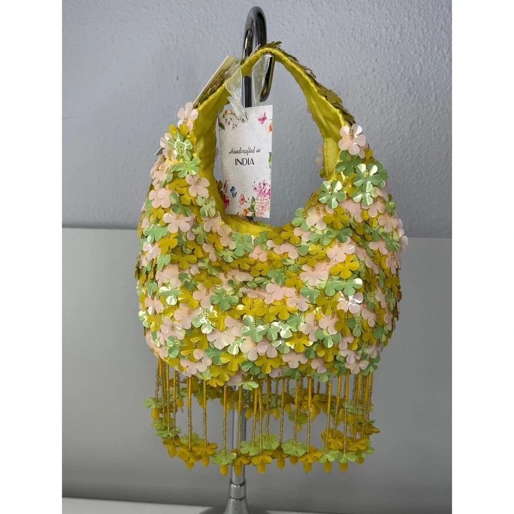 Handcrafted India‎ Floral Sequin Beaded Small Hobo Bag Yellow Green Pink NEW
